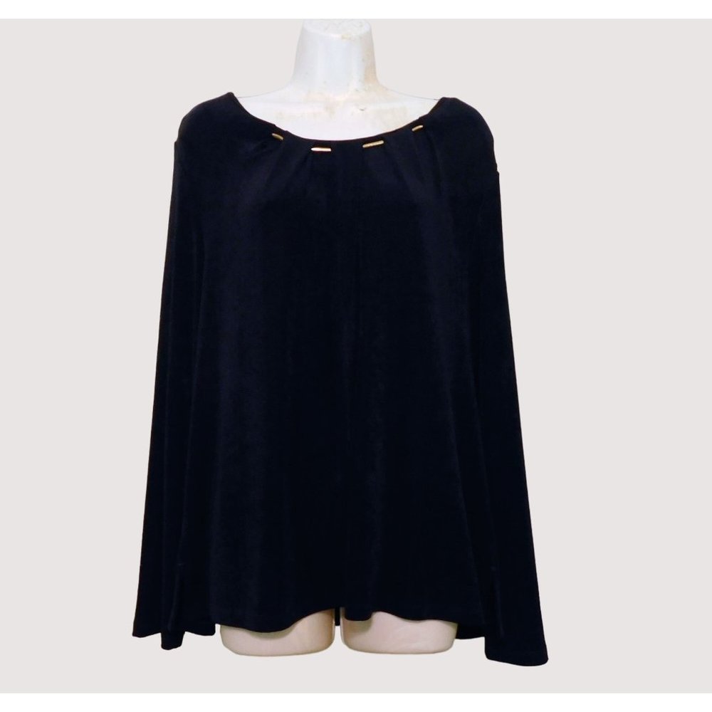 Chicos 3 Travelers Top 16 XL Navy Blue Long Sleeve Gold Trim at Neck Travel Knit